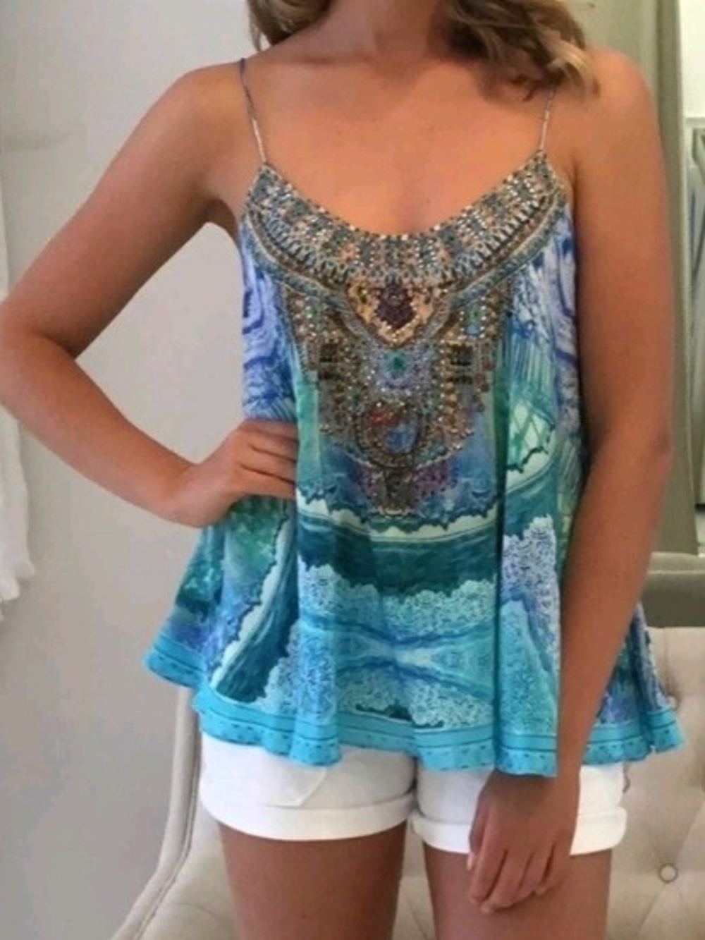 Camilla Blue Turquoise Embellished Spaghetti Strap Camisole Size 2